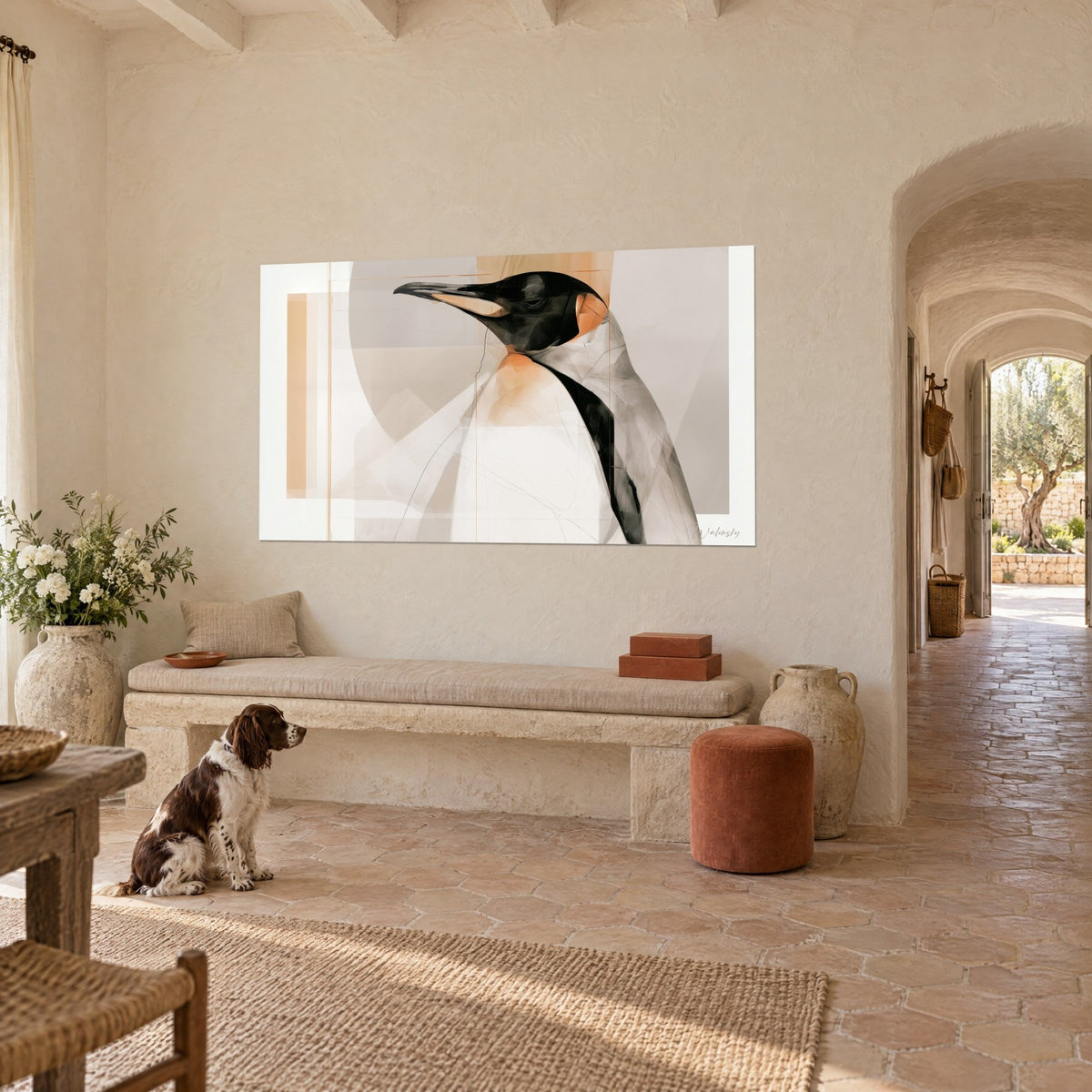 Gemälde Polarvogel im Profil, weißes Brustgefieder und schwarzer Schal, terrakottafarbener Hintergrund, gegenüber einem Spaniel in einem provenzalischen Landhaus