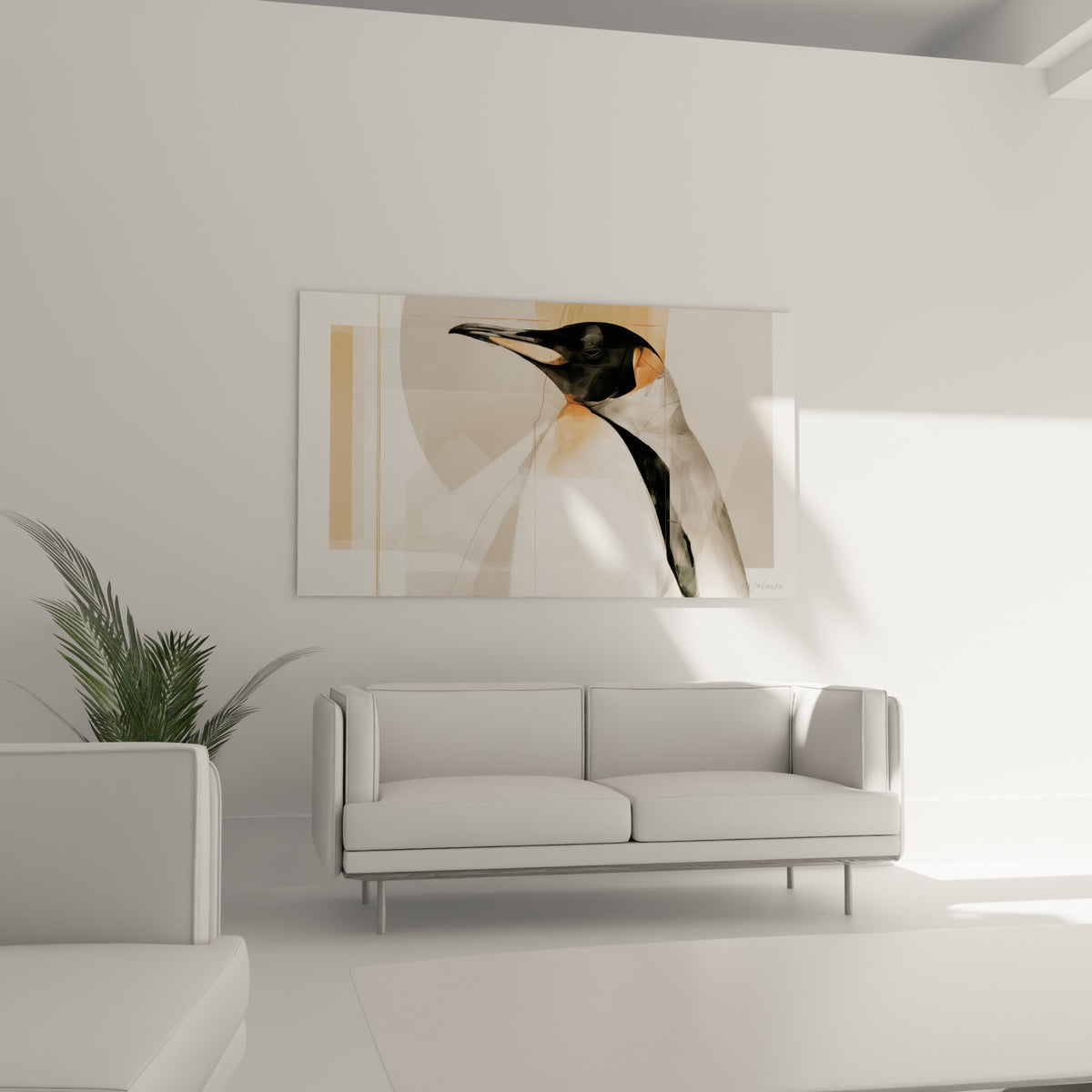 Portrait graphique d'un manchot empereur beige et anthracite au-dessus d'un canapé dans un salon lumineux