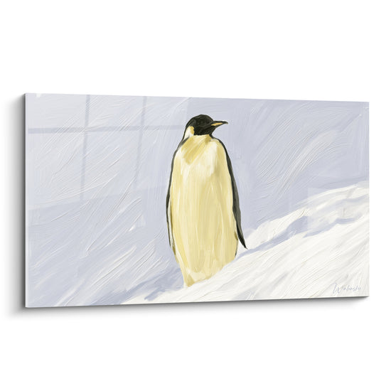 Manchot empereur au plumage noir et doré, peint à touches gestuelles sur fond gris neigeux.