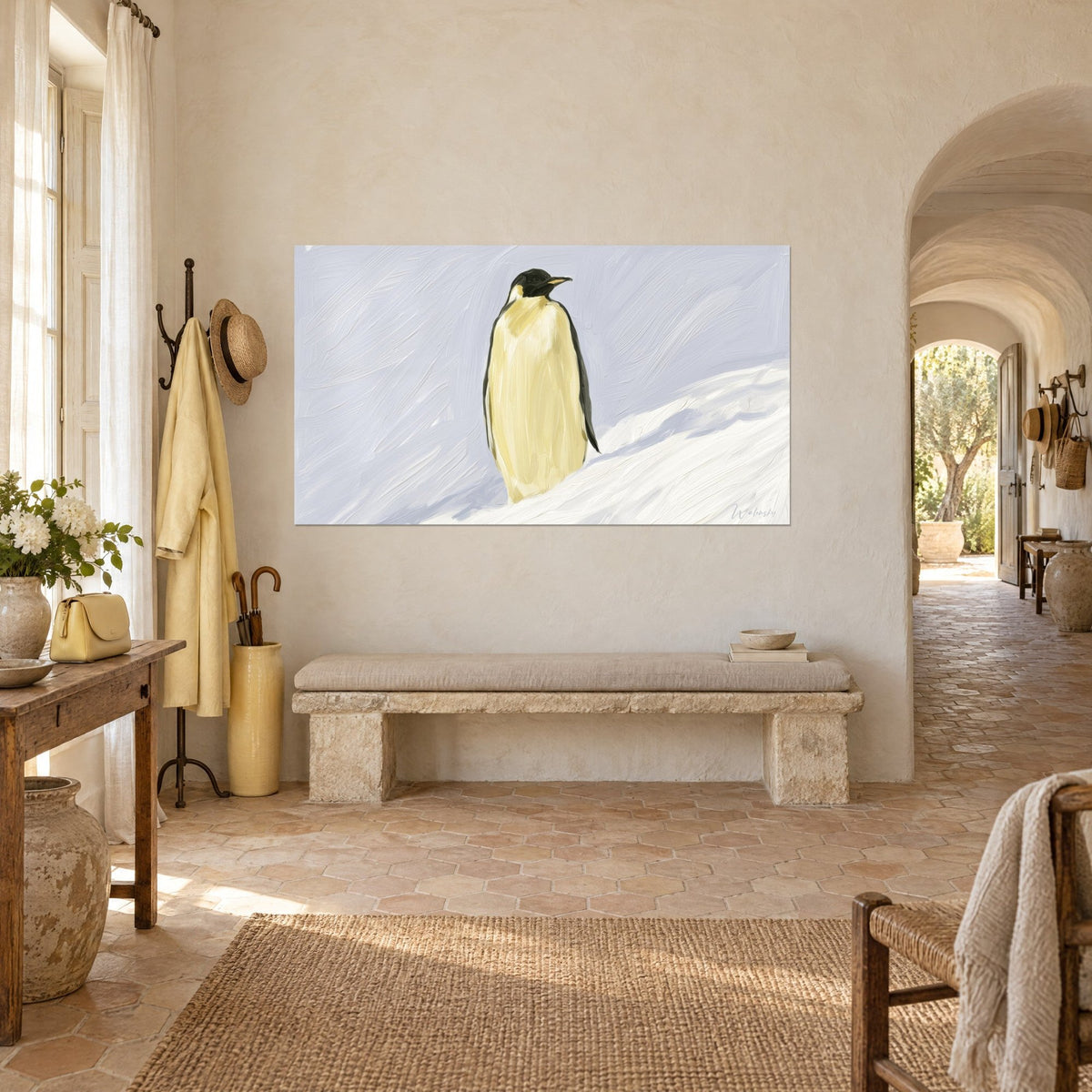Wall art standing penguin, cream chest and black head, brushed grey-blue background, three-quarter view in a Provençal farmhouse