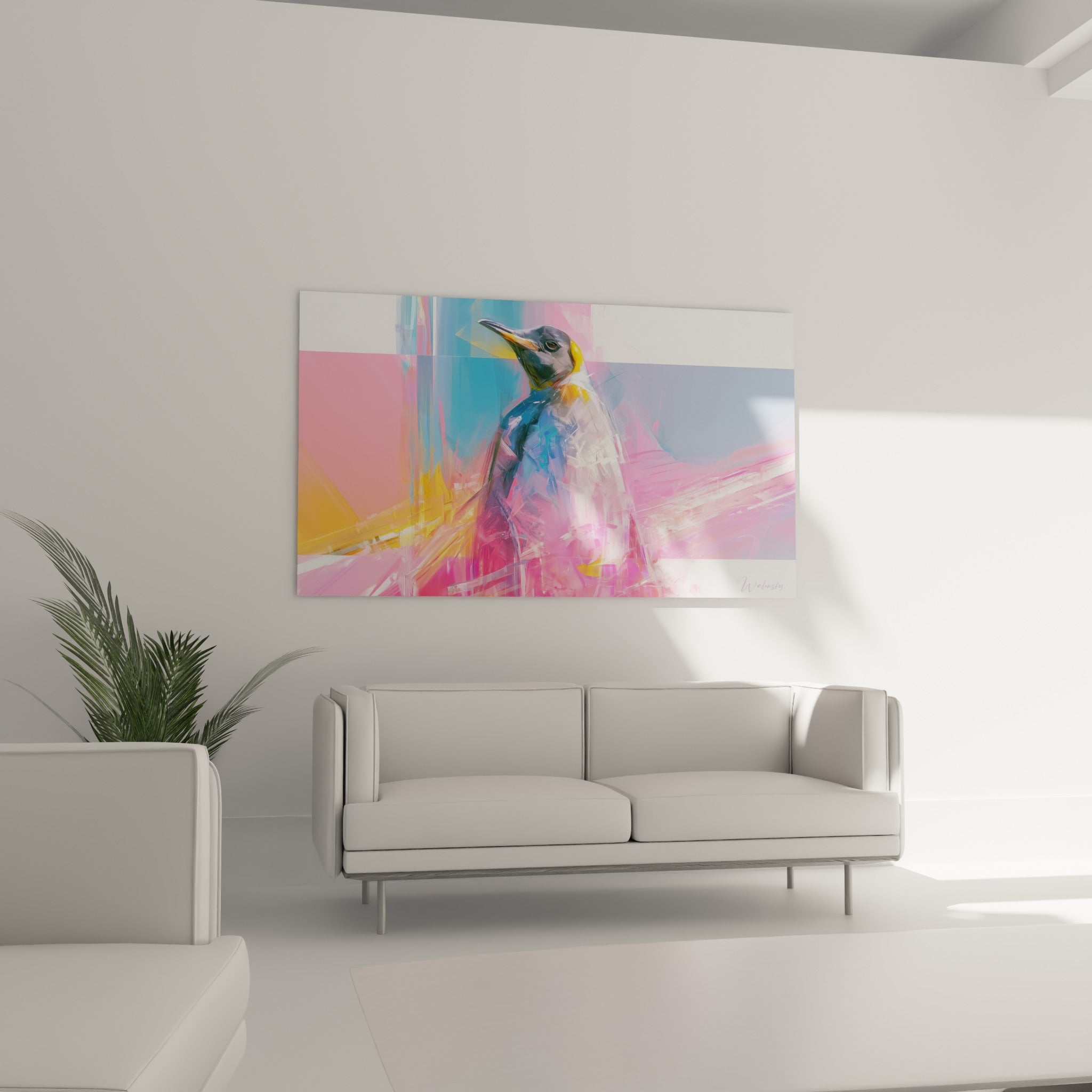 Portrait pictural de manchot royal jaune et rose, disposé au-dessus d'un canapé dans un salon lumineux
