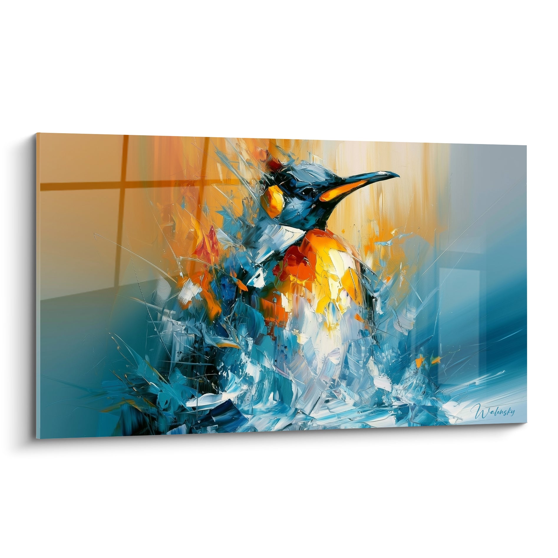 Manchot royal en touches bleu marine et orange vif, matière picturale éclatée sur toile