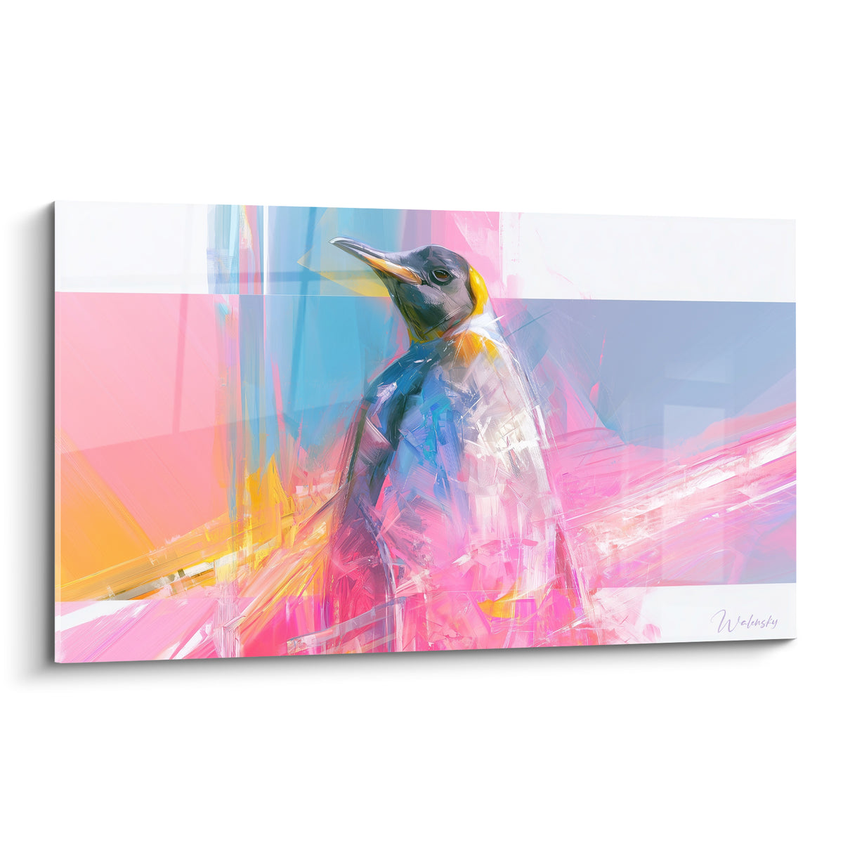 Manchot royal en tableau peint, plumage noir, bec jaune orangé, fond rose fuchsia et bleu pastel