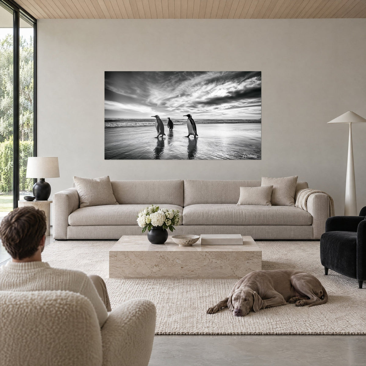 Wall art king penguins in black and white walking on wet sand, streaked cloudy sky, man and dog above a sofa in a bright living room