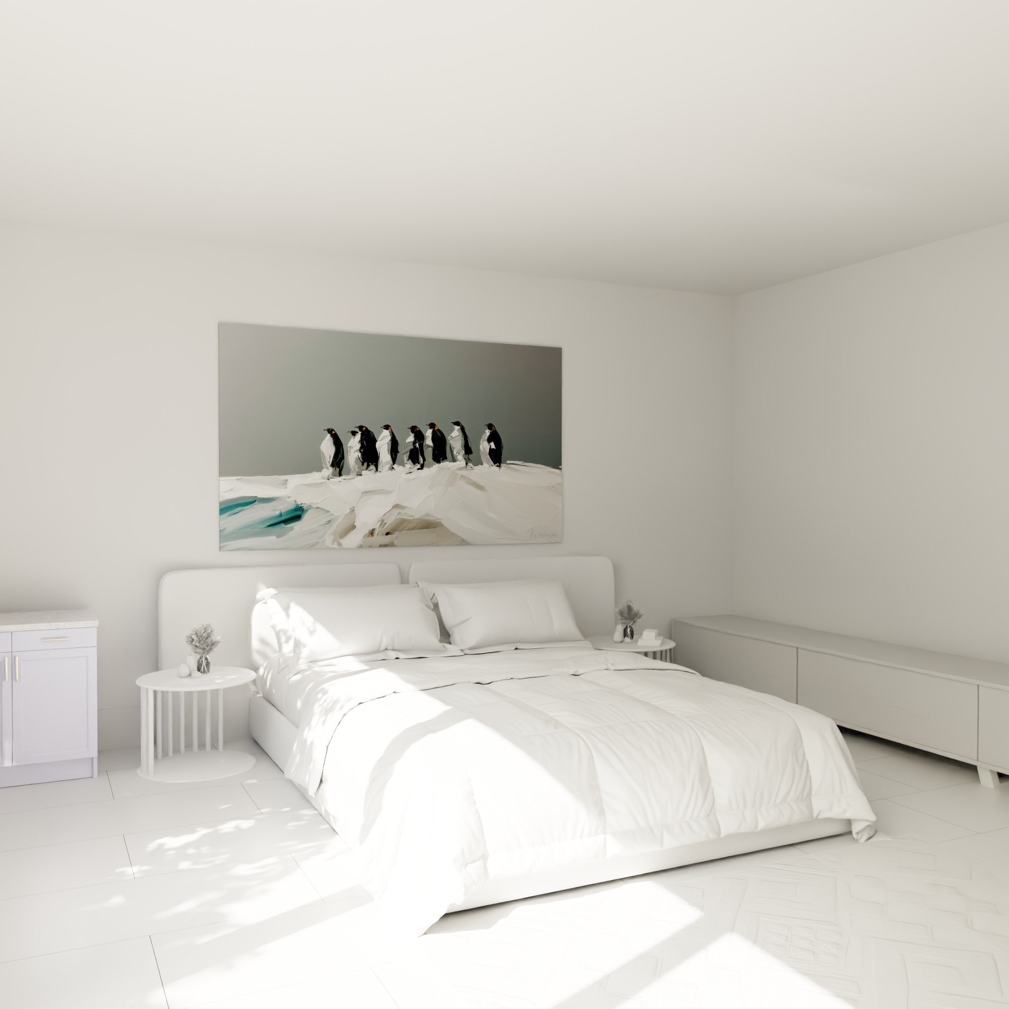 Colonie de manchots blancs et noirs sur glace texturée, accrochée au-dessus d'un lit dans une chambre claire
