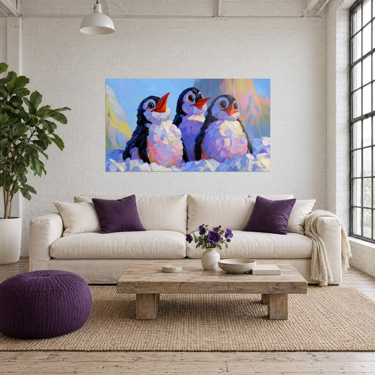 Gemälde Trio lachender Pinguine mit orangefarbenen Schnäbeln, blau-lila Gefieder in Pinselstrichen, über einem Sofa in einem hellen Wohnzimmer