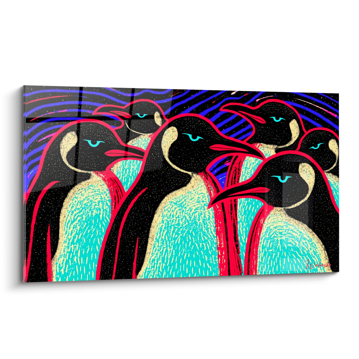 Manchots noirs aux liserés rouge vif et poitrines turquoise sur fond bleu électrique strié