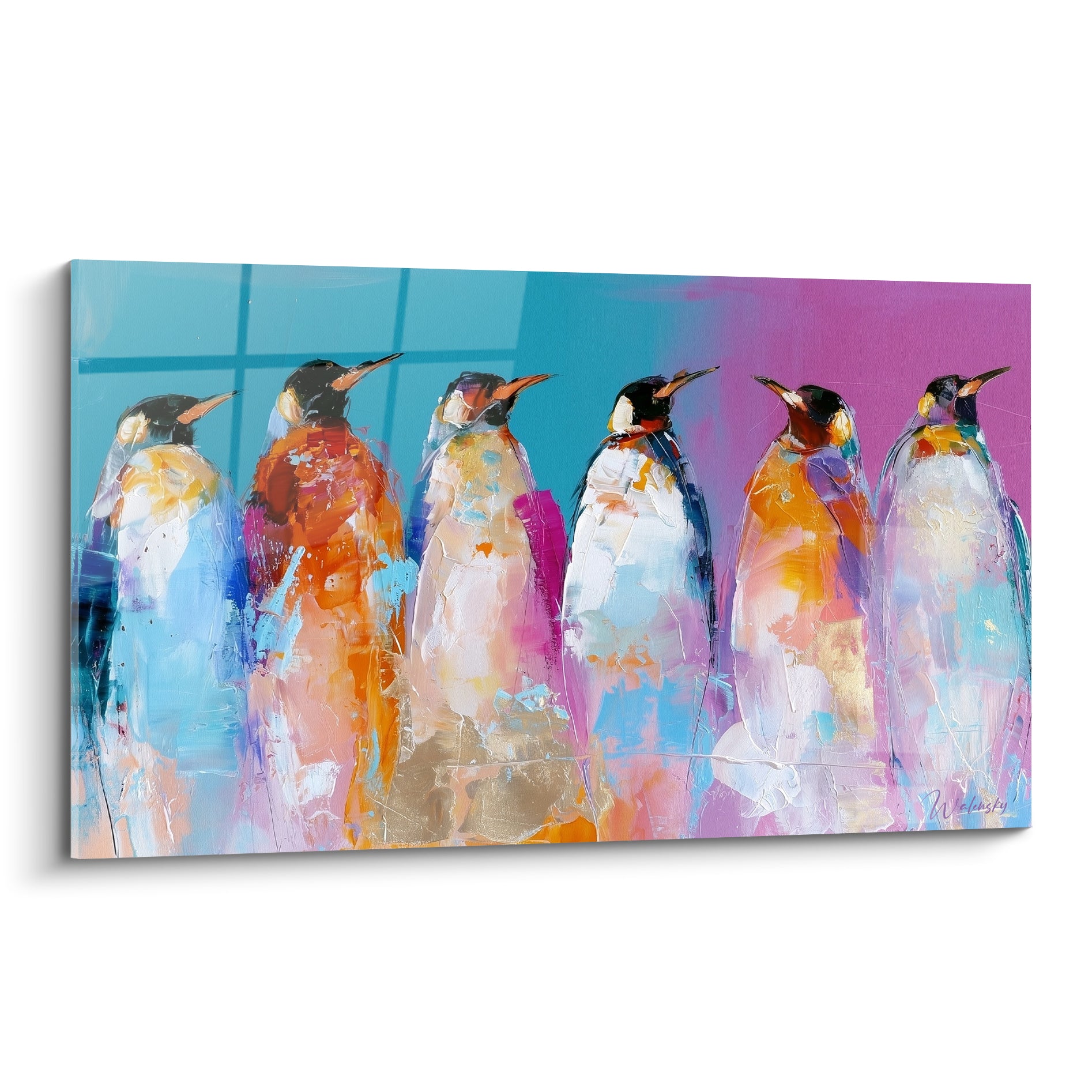 Manchots royaux alignés en peinture au couteau, plumages orange et bleu turquoise, fond fuchsia vibrant