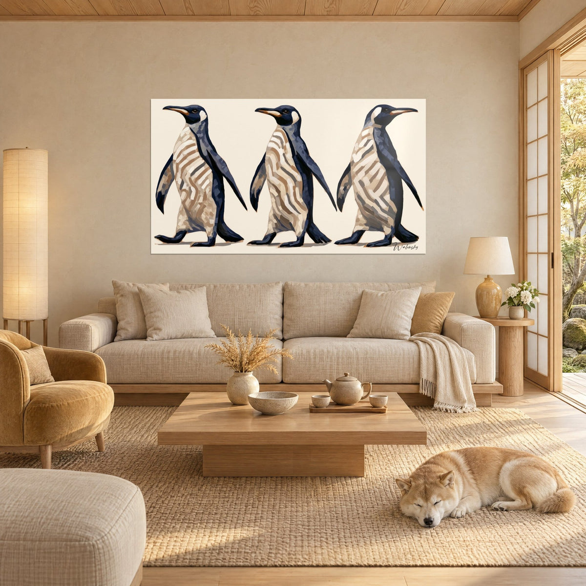 Tableau trio de manchots marchant d'un même pas, plumage bleu marine et ventre ivoire rayé de beige, shiba endormi, au-dessus d'un canapé dans un salon lumineux