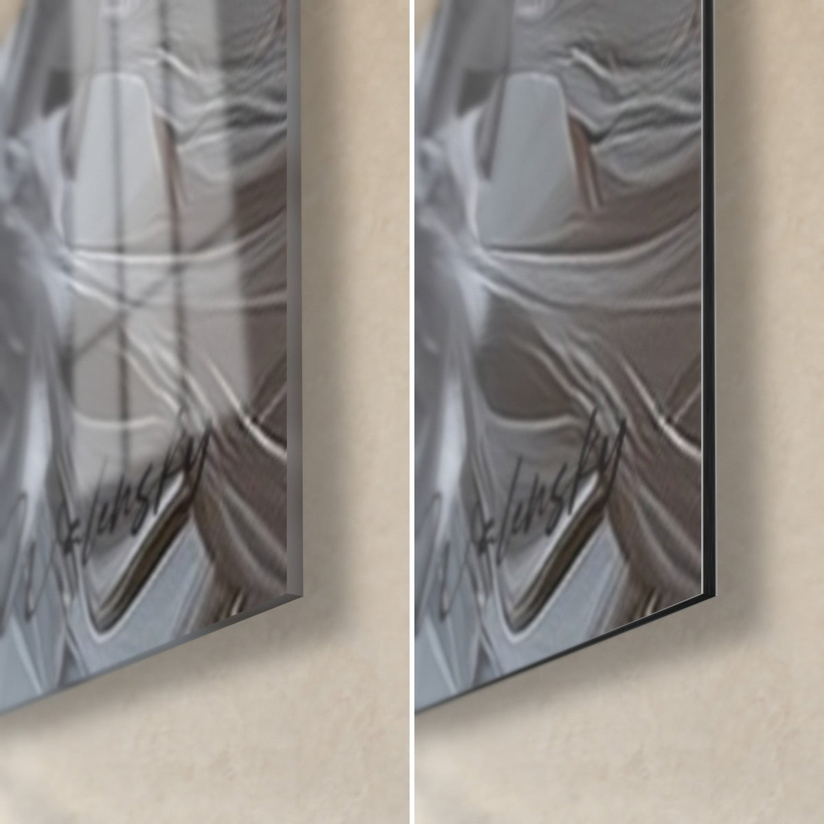Wall art portrait of a red and white penguin, bottom right corner, glossy glass reflecting on the left, matte grey Dibond on the right, slim edge