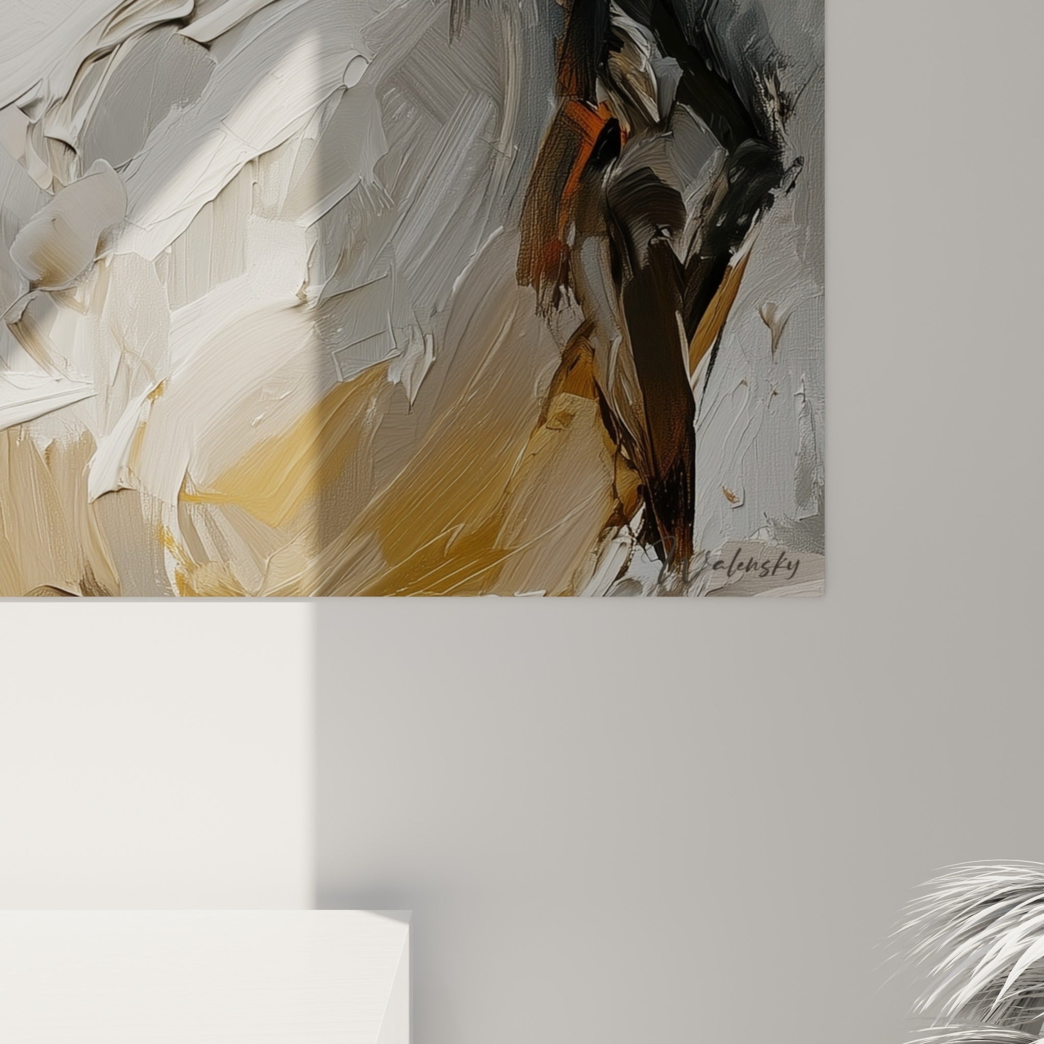 Empâtements blancs et gris se mêlent aux touches ocre du bec, matière épaisse et coulures visibles sur la toile