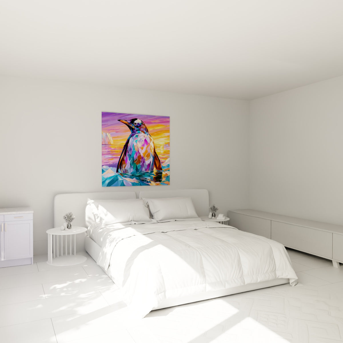 Silhouette de pingouin mauve et turquoise, accrochée au-dessus d'un lit dans une chambre claire