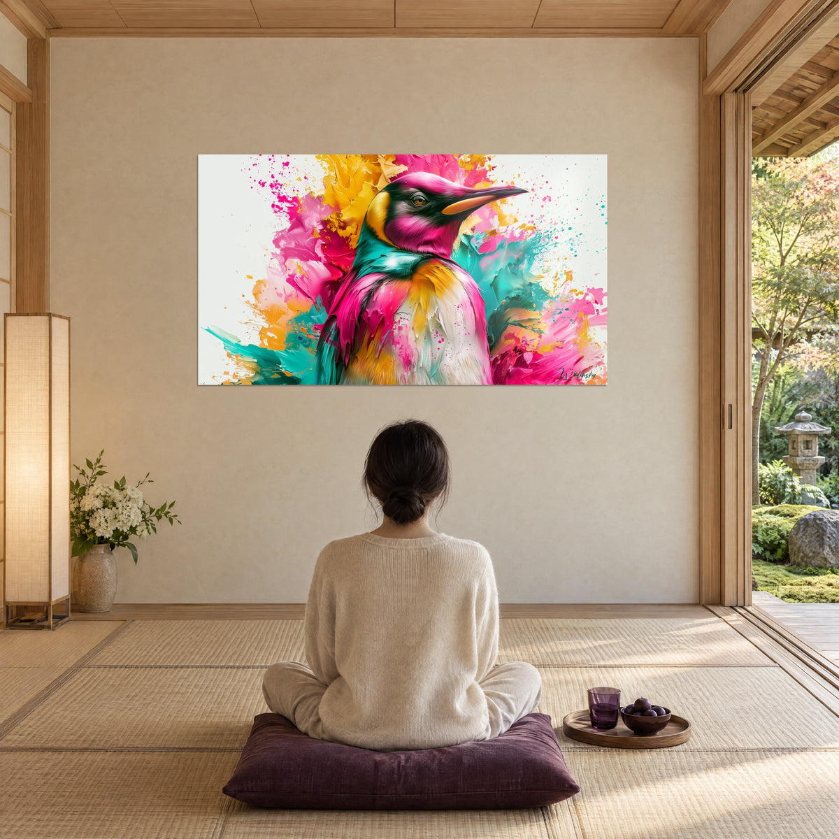 Tableau manchot aux éclaboussures roses, jaunes et turquoise face à une femme de dos assise sur un coussin prune, pièce japandi sur jardin
