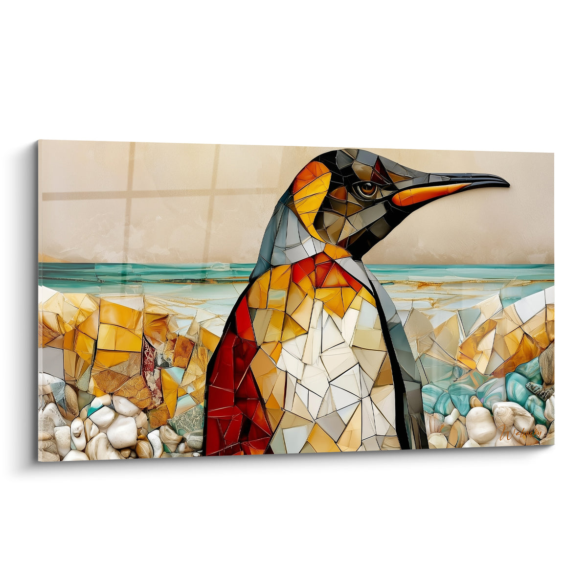 Pingouin doré et rouge terracotta en mosaïque géométrique, bec anthracite, fond sable et bleu pastel