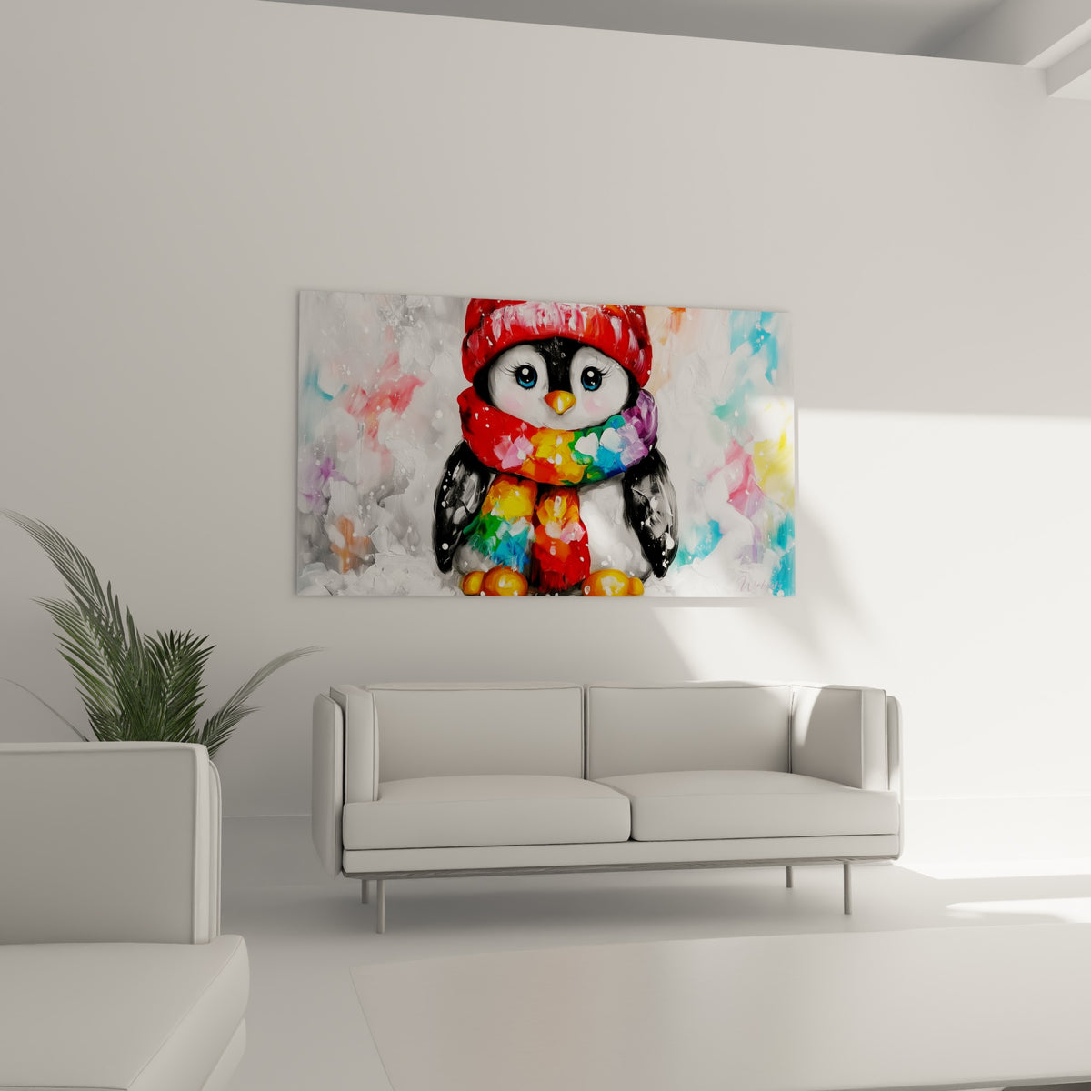 Personnage Pingouin bonnet rouge écharpe arc-en-ciel au-dessus d'un canapé dans un salon lumineux