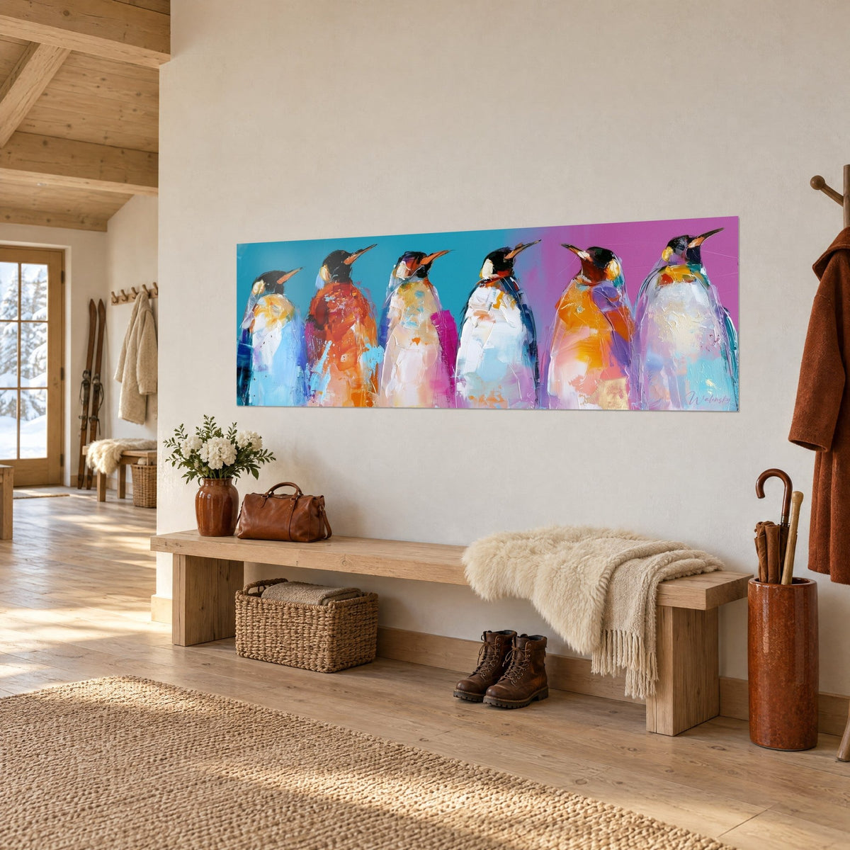 Schilderij verzameling pinguïns met oranje snavels, oranje, roze en gletsjerblauw verenkleed, opgehangen aan de witte entreewand van een chalet