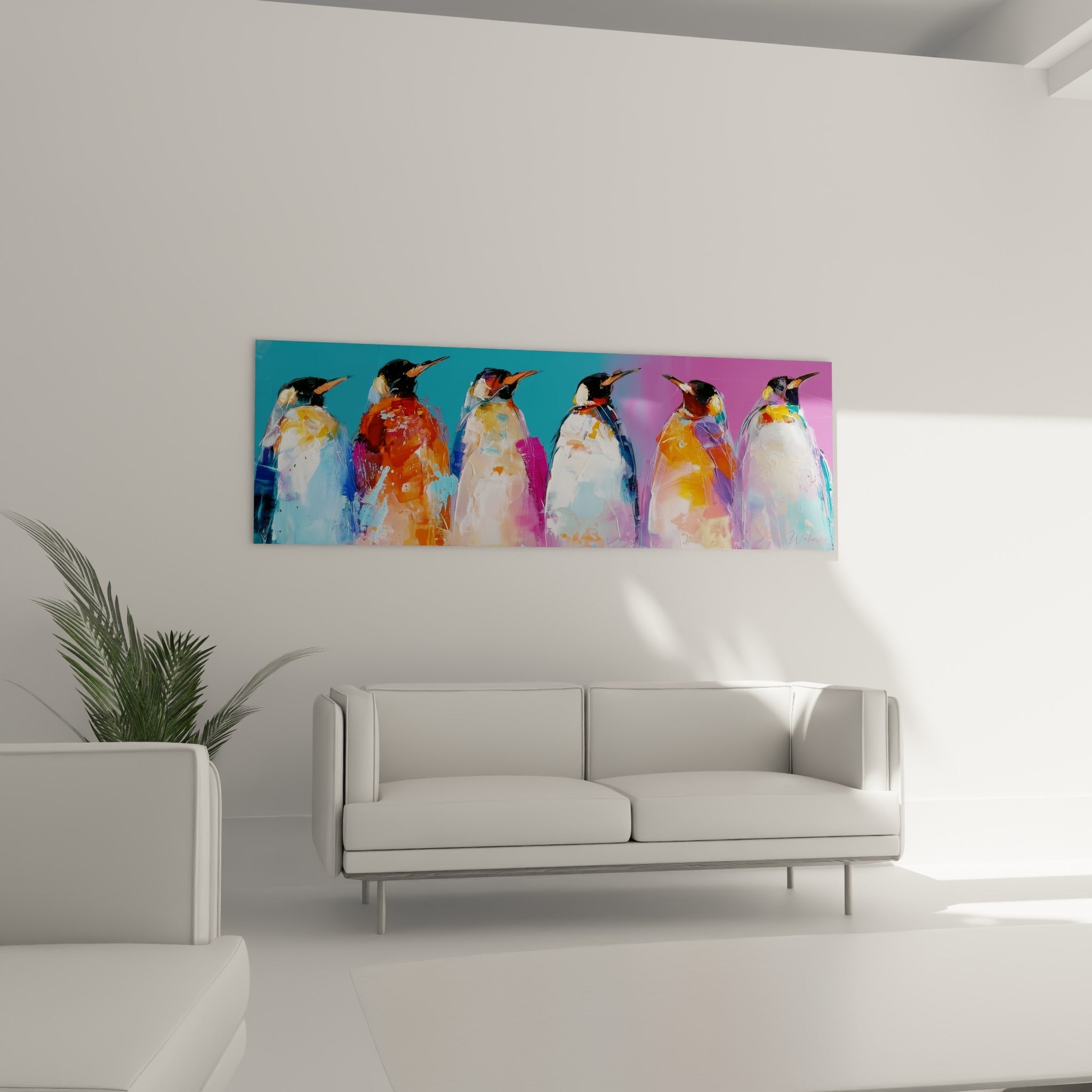 Manchots royaux à la texture picturale orange et bleue au-dessus d'un canapé dans un salon lumineux