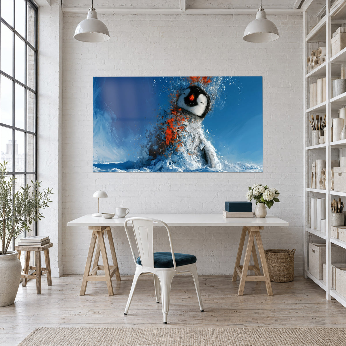 Tableau silhouette de pingouin fragmentée en éclats rouge-orangé et blancs, ciel bleu roi, accroché au-dessus d'un bureau et d'une bibliothèque