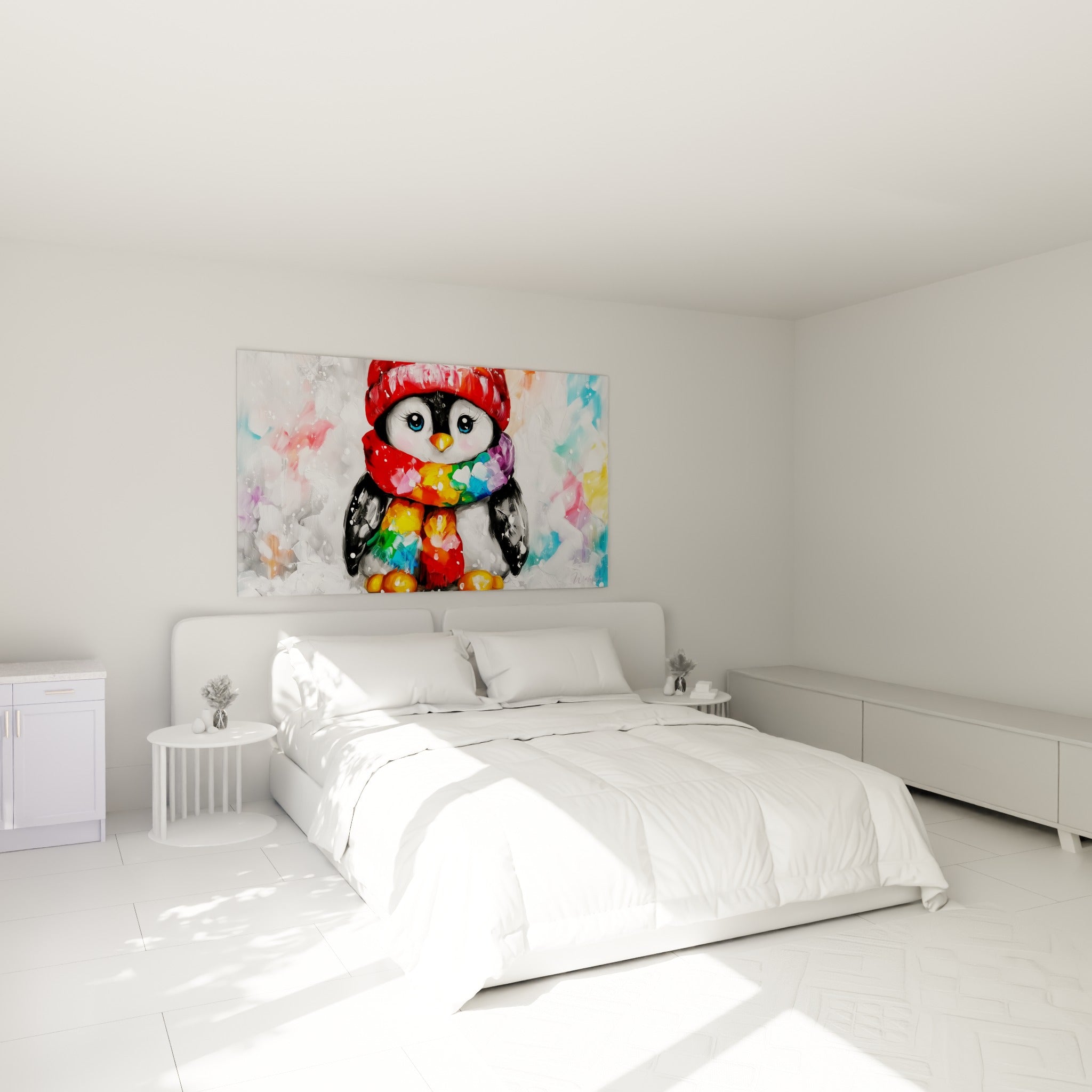 Petit Pingouin emmitouflé rouge et turquoise au-dessus d'un lit dans une chambre claire