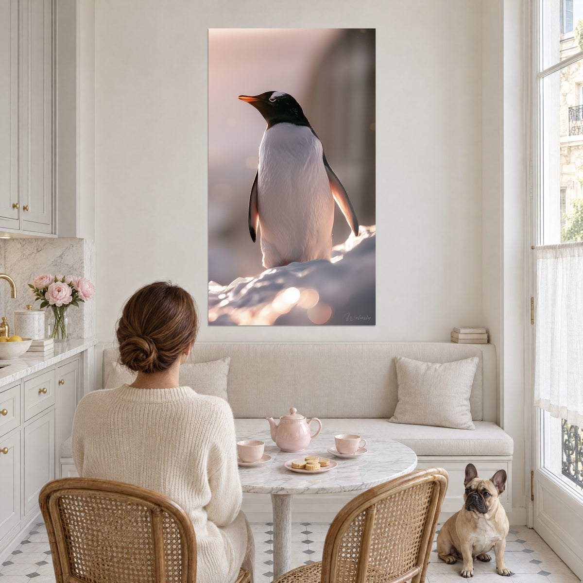Cuadro silueta de pingüino a contraluz, flancos marfil, reflejos ámbar, mujer de espaldas, bulldog, rincón de cocina luminoso al estilo haussmanniano