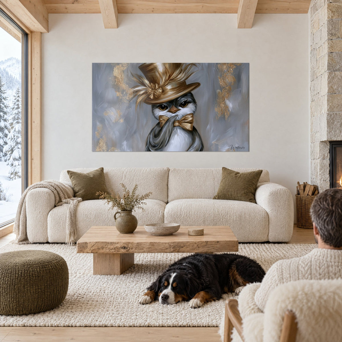 Tableau pingouin au haut-de-forme doré, nœud papillon cuivré sur fond gris, face à un chien couché, au-dessus d'un canapé dans un salon lumineux
