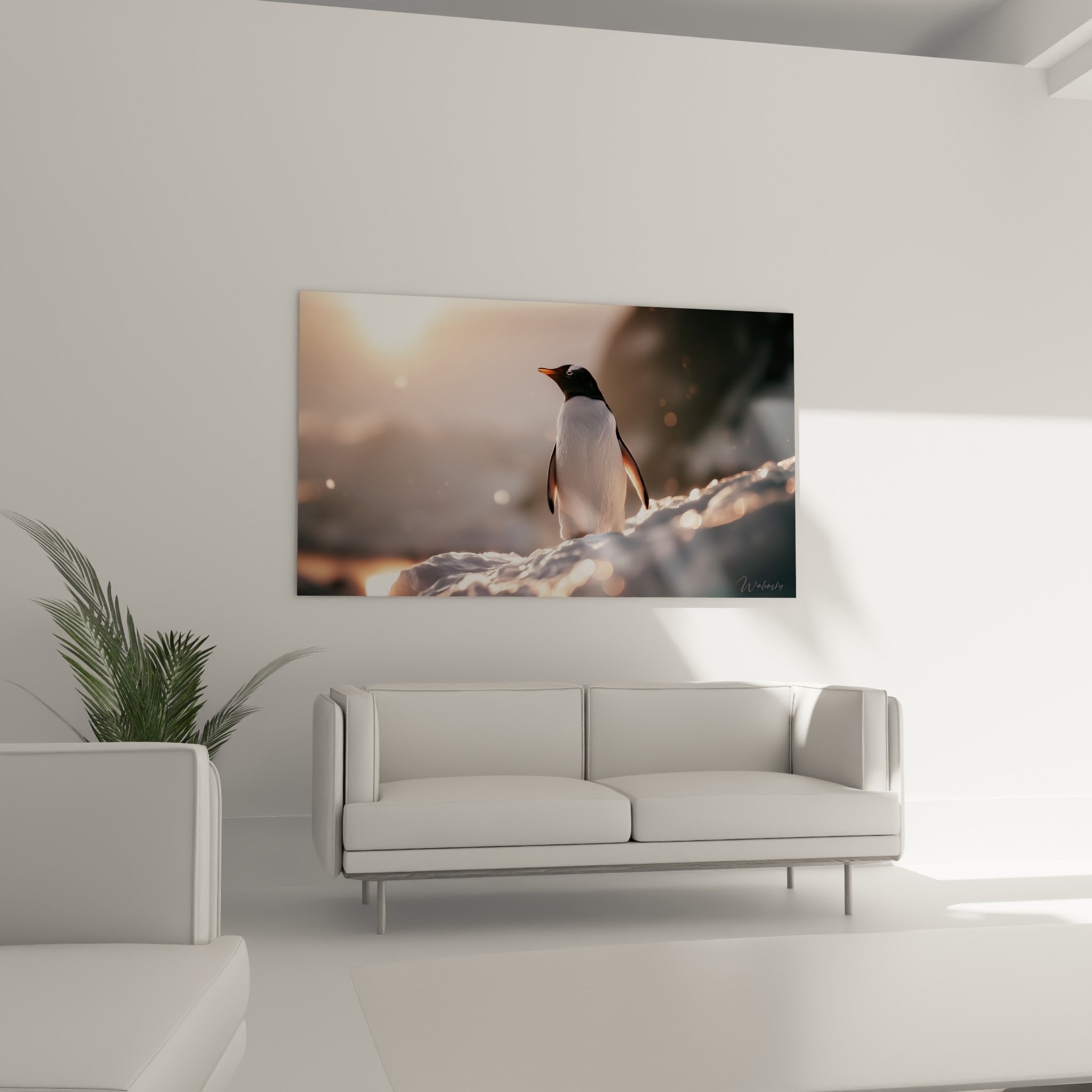 Profil de pingouin noir et blanc éclairé de reflets orangés, disposé au-dessus d'un canapé dans un salon lumineux