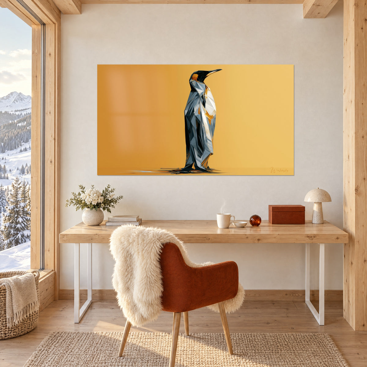 Tableau pingouin debout en éclats de miroir gris et blanc, touches ocre, fond jaune safran, au-dessus d'un bureau en bois clair