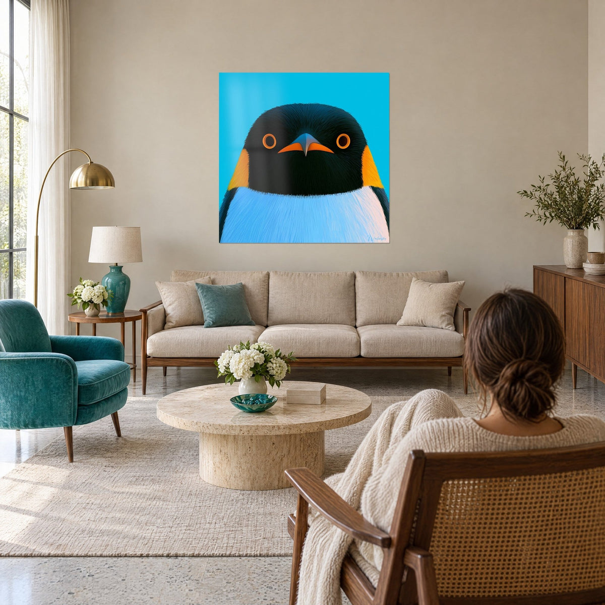 Quadro di un pinguino dallo sguardo fisso, becco arancione e grigio, occhi cerchiati di arancio su sfondo turchese, sopra un divano in un soggiorno luminoso
