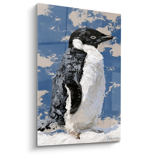 Tableau Pingouin noir et blanc sur fond nuageux bleu - Empâtements texturés à la spatule - Edition Pingouin