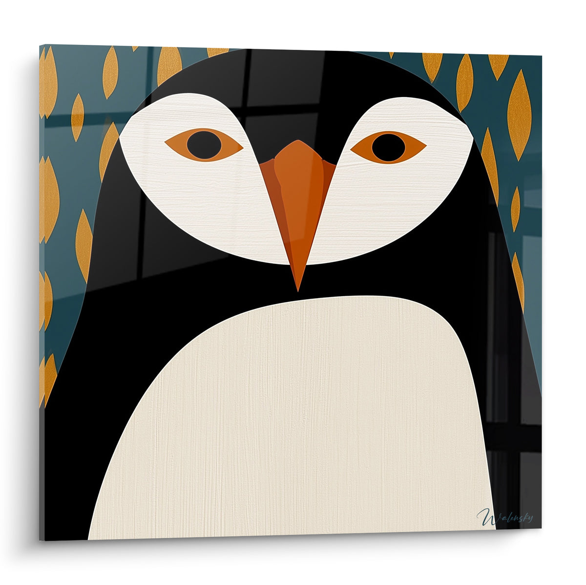 Pingouin en gros plan, plumage noir et blanc crème, bec orangé, fond bleu pétrole à gouttes dorées