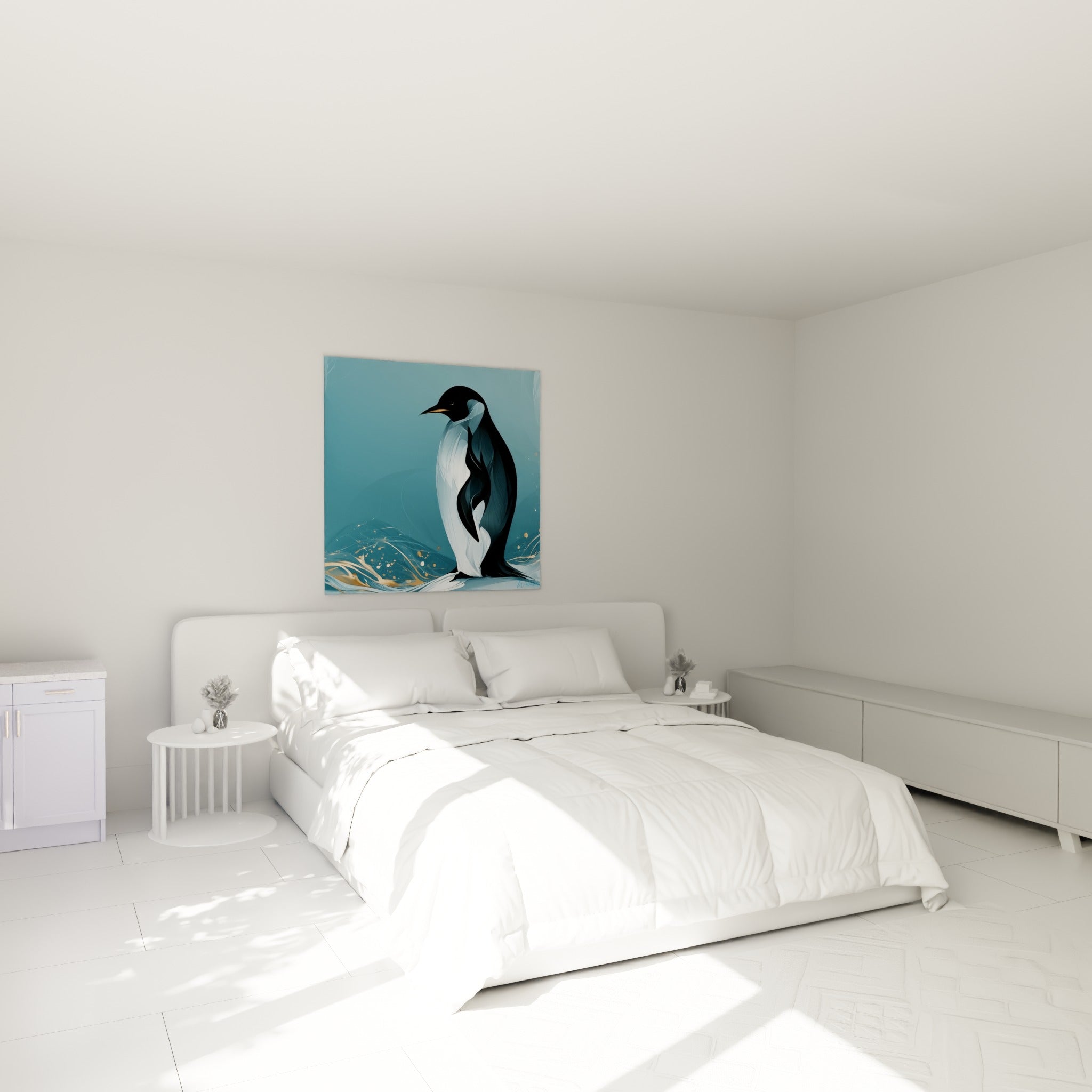 Silhouette de pingouin noir et blanc aux reflets dorés, accrochée au-dessus d'un lit dans une chambre claire