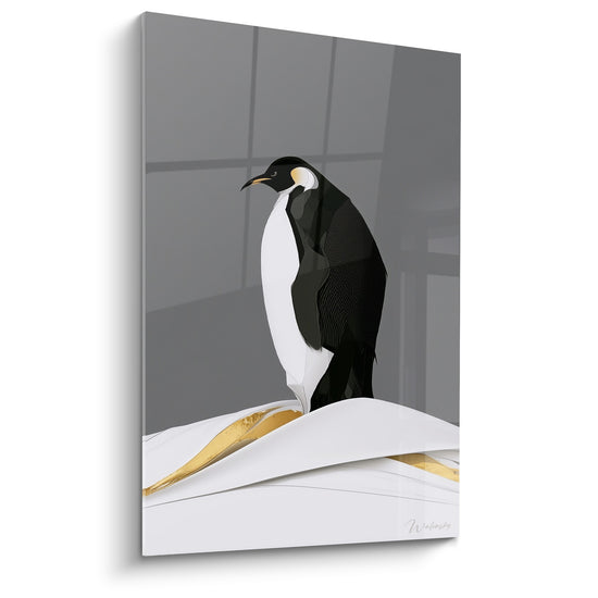 Tableau Manchot noir et blanc sur dune enneigée - Filets dorés ondulants - Edition Pingouin