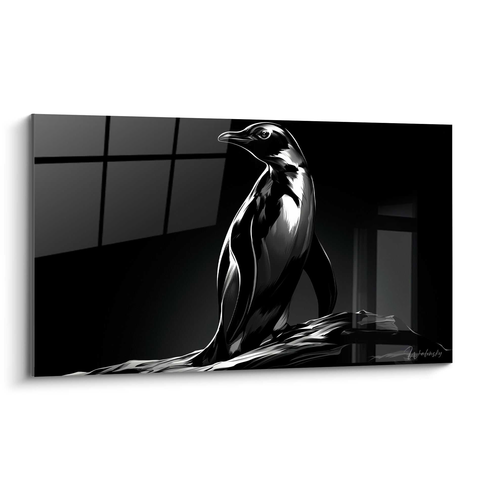 Pingouin noir et blanc dressé, plumage brillant, regard tourné vers l'arrière-plan sombre