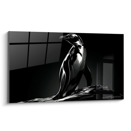 Pingouin noir et blanc dressé, plumage brillant, regard tourné vers l'arrière-plan sombre