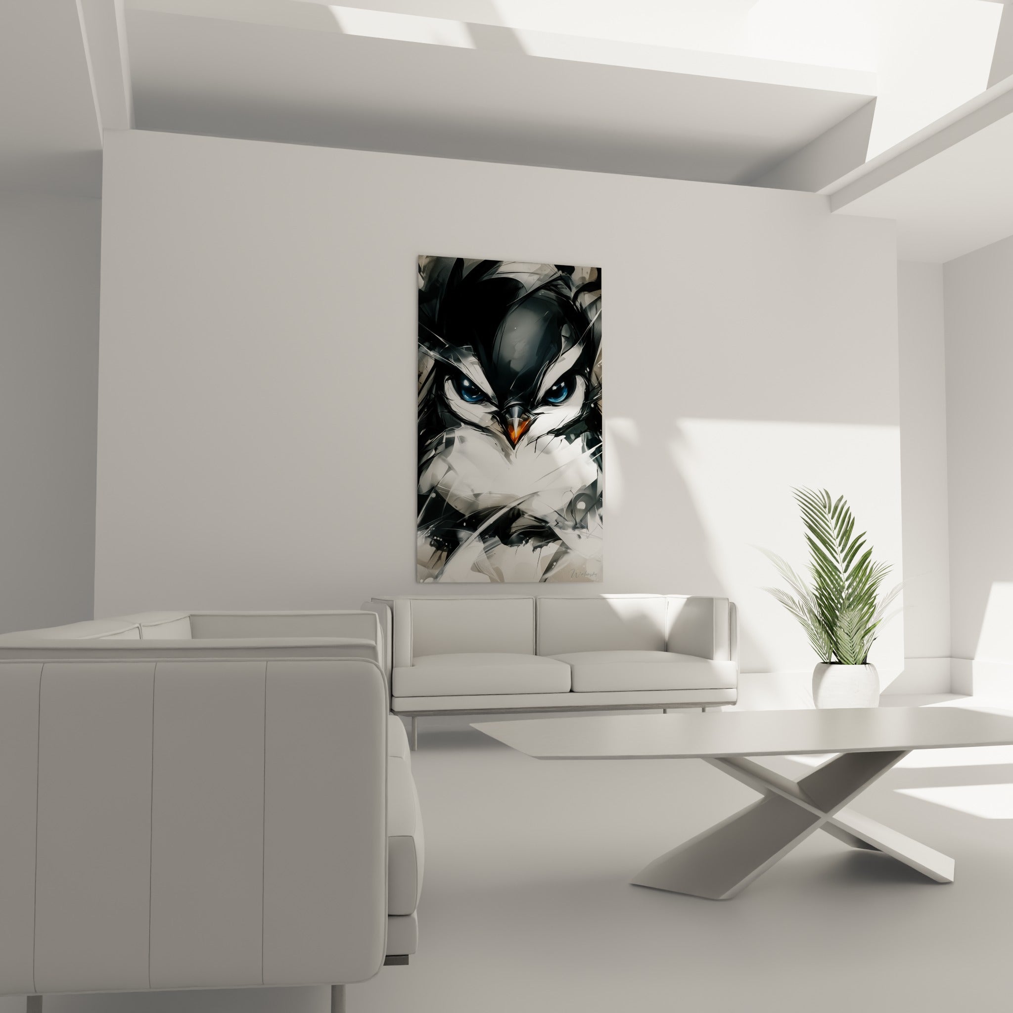 Traits fragmentés noirs et blancs du pingouin au regard bleu, tableau au-dessus d'un canapé dans un salon lumineux