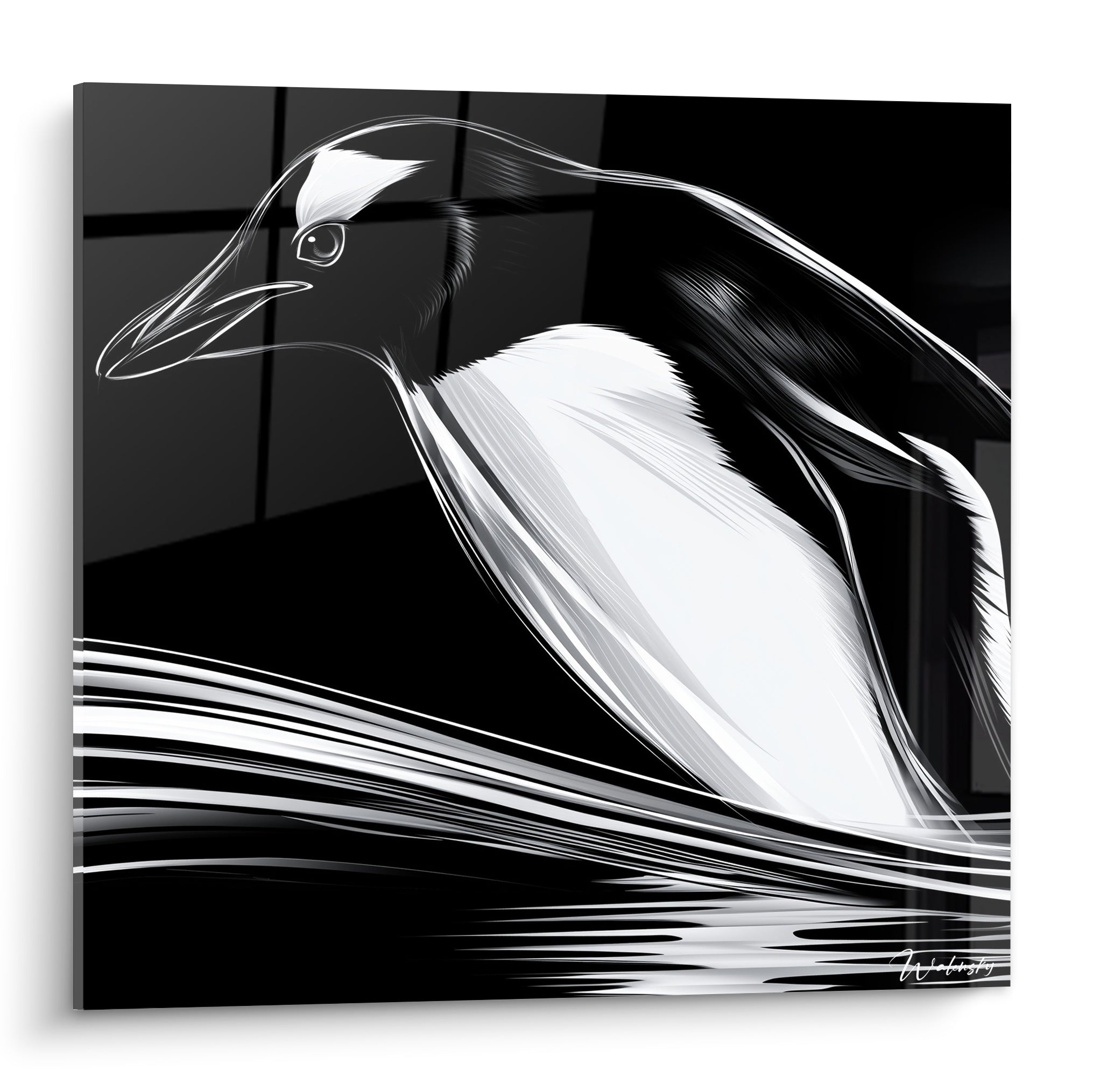 Pingouin noir et blanc aux lignes fluides, tracé graphique sur fond anthracite intense