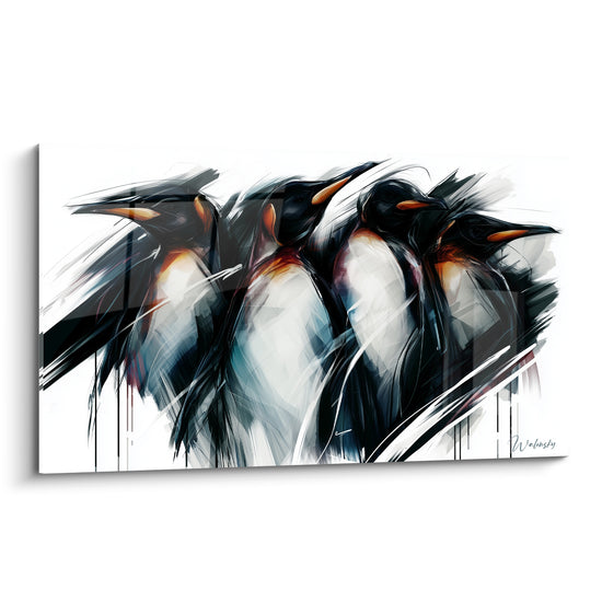 Manchots royaux serrés, becs orangés, plumage noir et blanc en traits expressifs sur fond clair