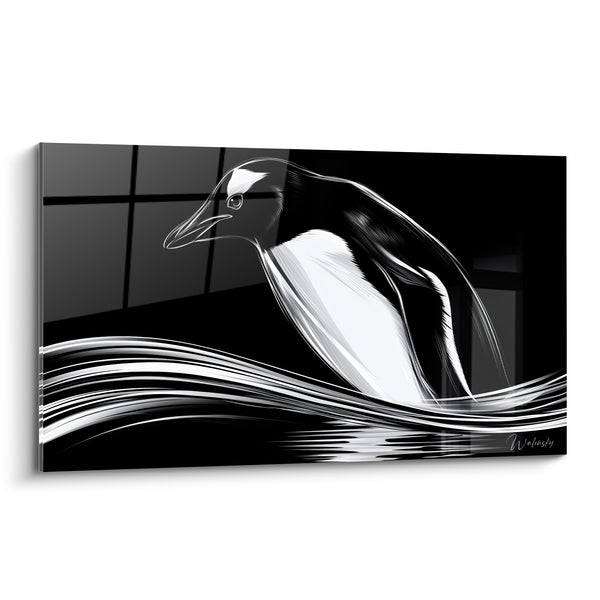 Tableau Pingouin noir et blanc aux vagues stylisées - Plongeon suspendu - Edition Pingouin