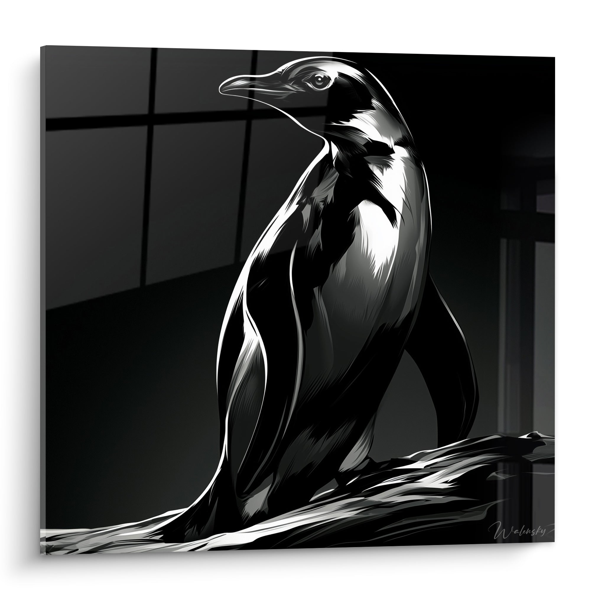 Pingouin en noir et blanc profond, silhouette profilée aux contrastes anthracite et ivoire intenses