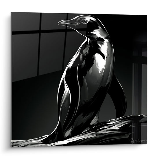 Pingouin en noir et blanc profond, silhouette profilée aux contrastes anthracite et ivoire intenses