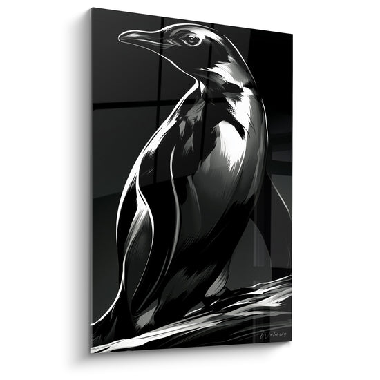 Manchot noir et blanc au regard perçant, plumage argenté sculpté par la lumière contrastée