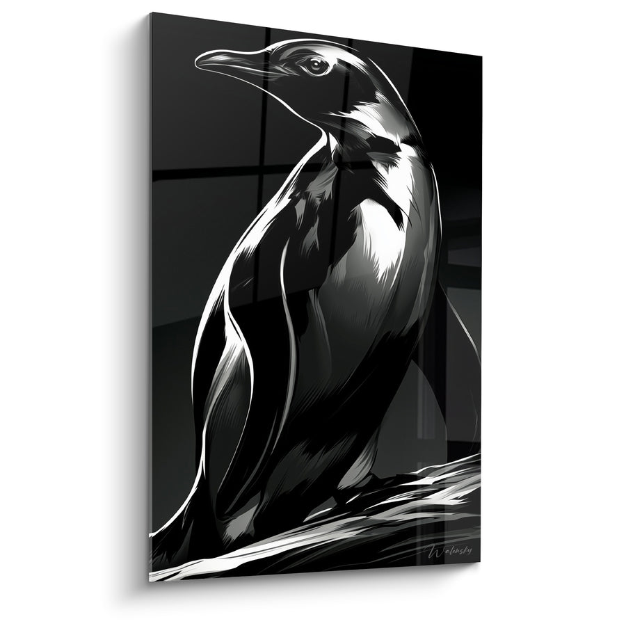 Black and White Penguin Painting with Metallic Reflections - Contrasting Graphic Outlines - Penguin Edition