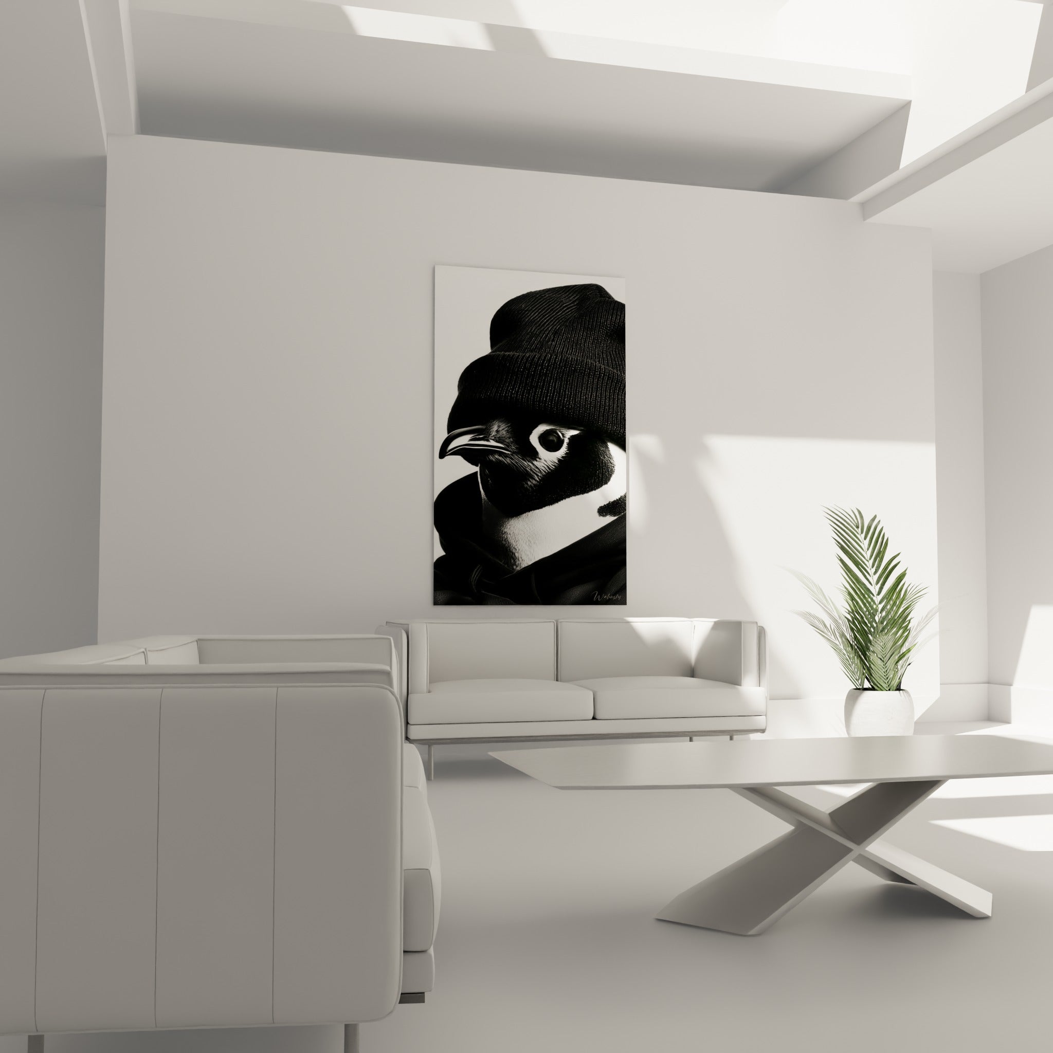 Pingouin élégant au bonnet tricoté noir et blanc immaculé, tableau suspendu au-dessus d'un canapé dans un salon lumineux