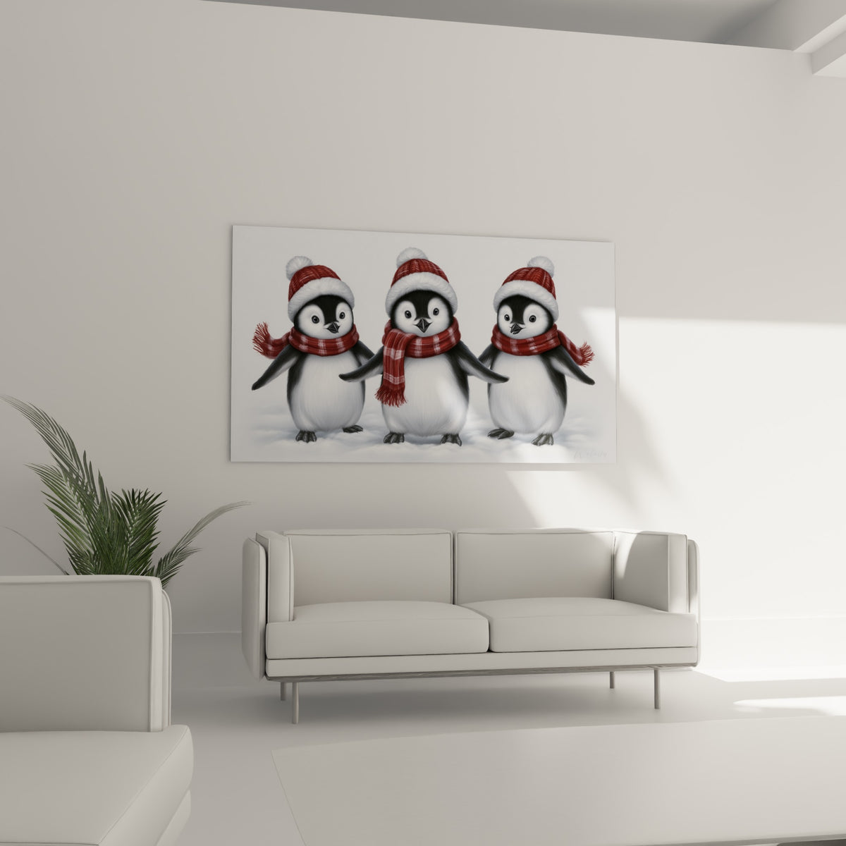 Complicité entre trois pingouins vêtus de rouge et blanc, accrochée au-dessus d'un canapé dans un salon lumineux