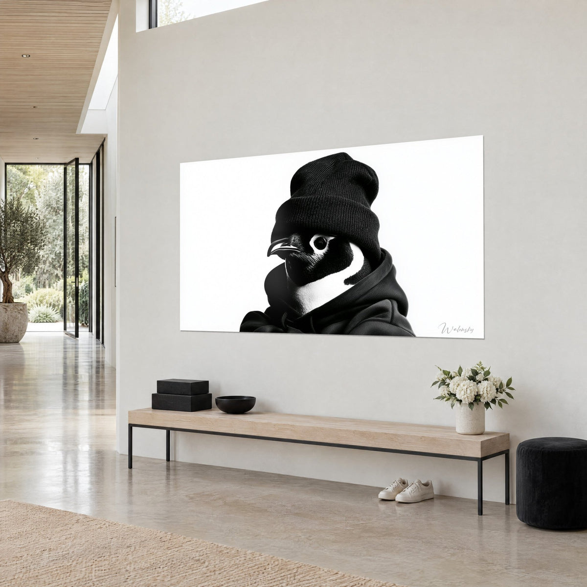 Gemälde Pinguin mit gestrickter Mütze und Kapuzenpullover, schwarz-weißes Gefieder, cremefarbene Wand, Dreiviertelansicht in einem Raum mit Holzbank
