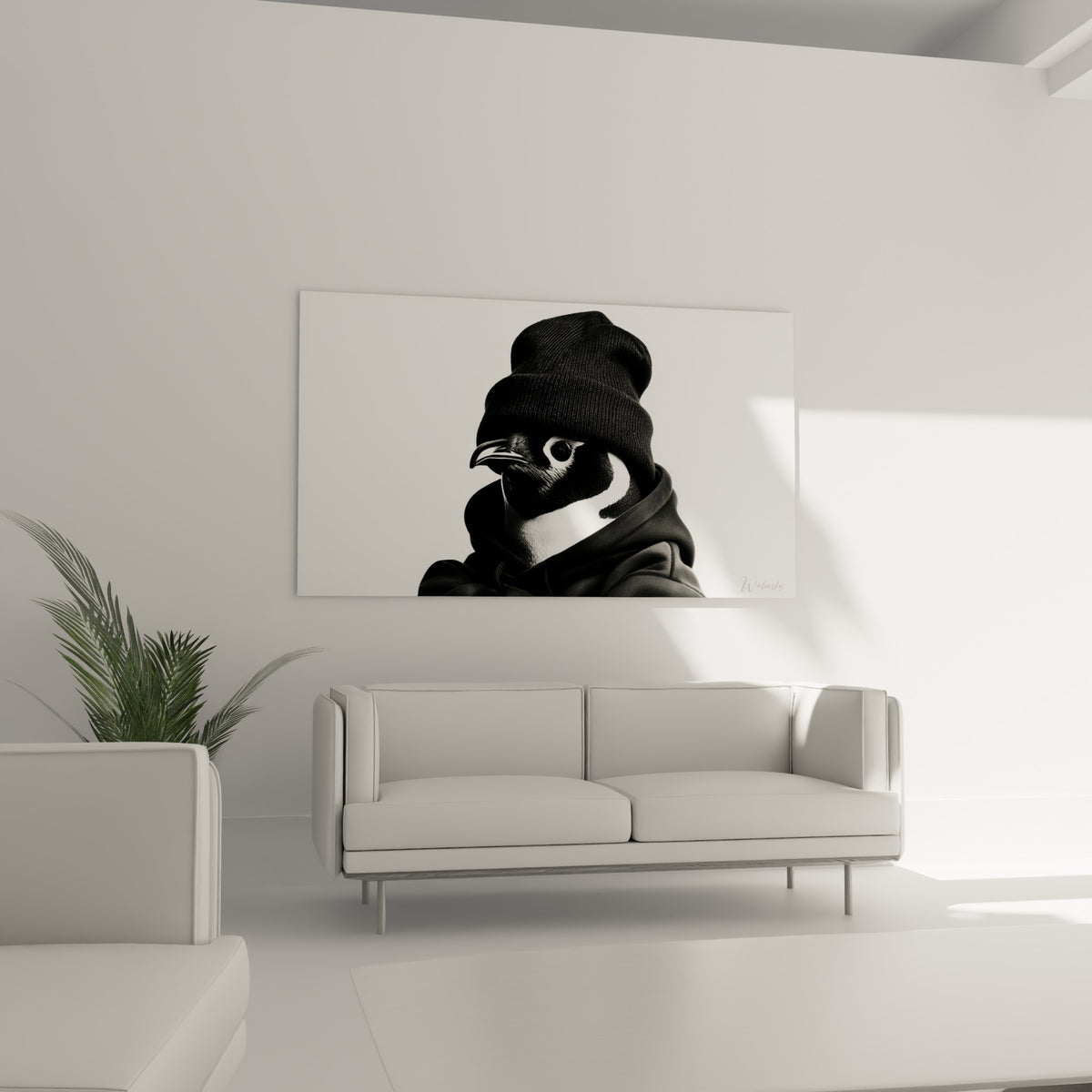 Animal vêtu d'une capuche noire et d'un bonnet sombre, contraste blanc et noir marqué, au-dessus d'un canapé dans un salon lumineux