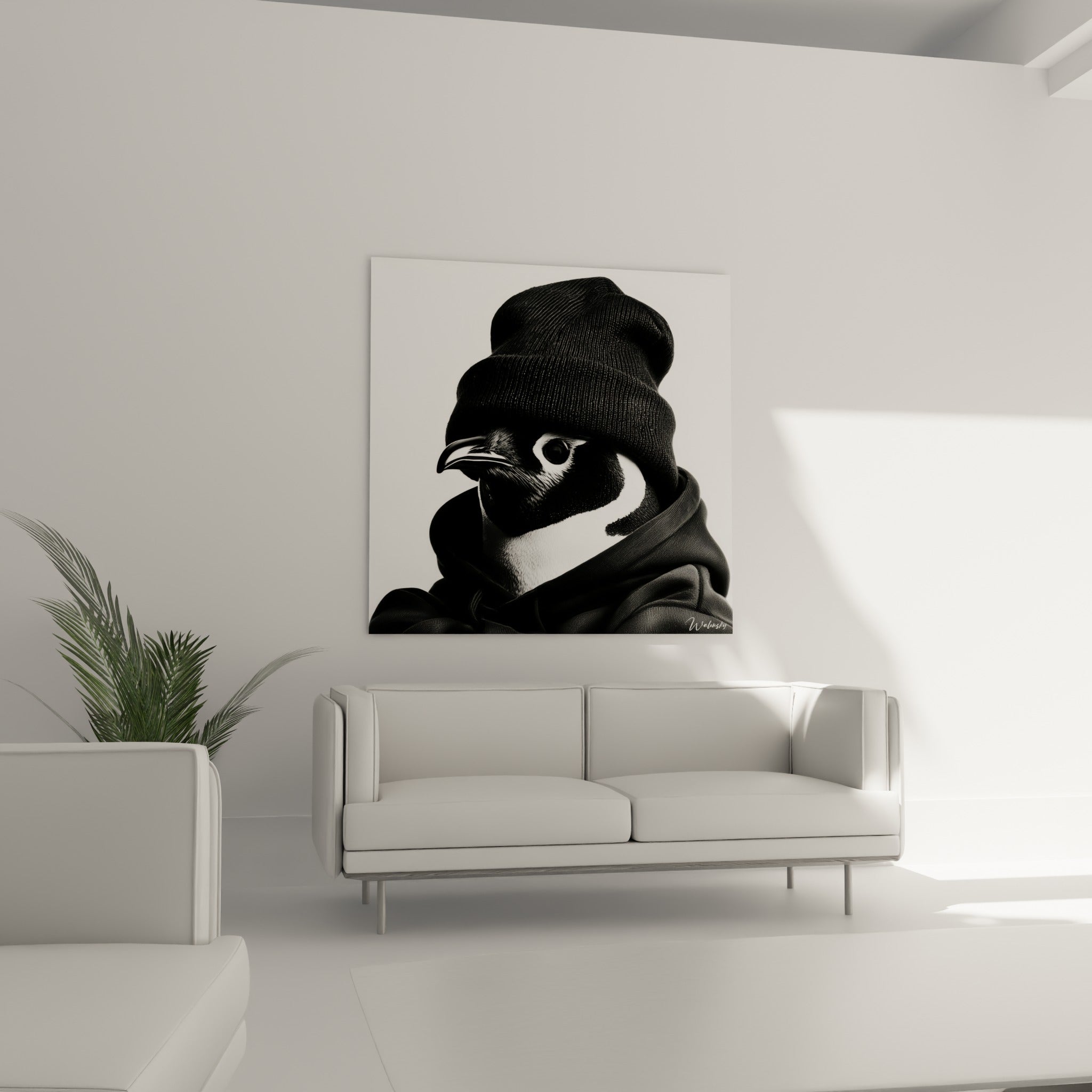 Capuche noire enveloppant ce pingouin au plumage blanc et anthracite, au-dessus d'un canapé dans un salon lumineux