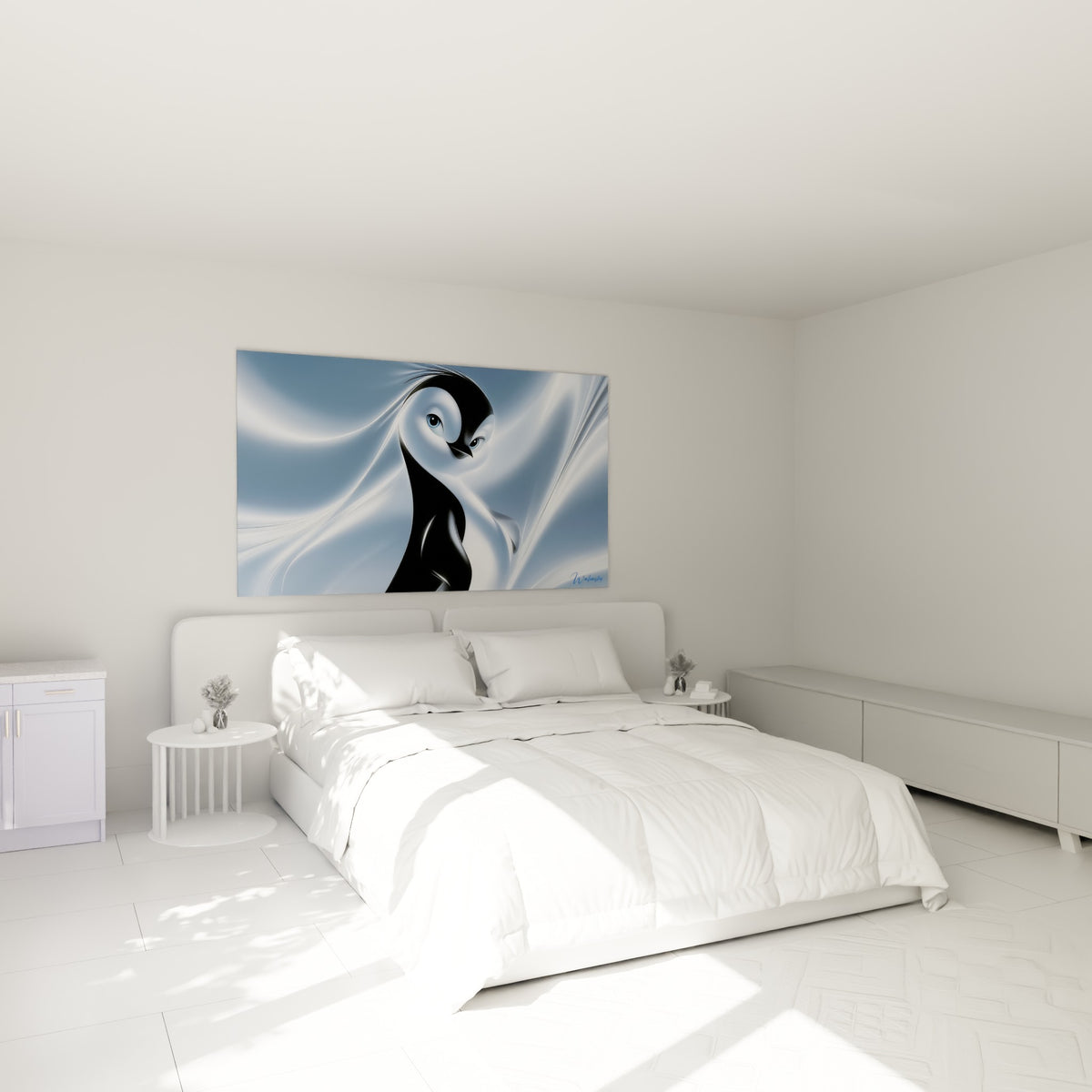 Silhouette de pingouin noir aux nuances bleu pastel, accrochée au-dessus d'un lit dans une chambre claire
