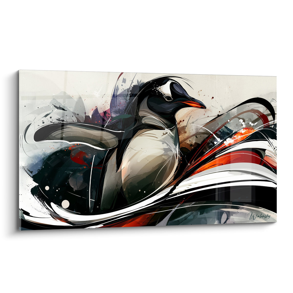 Pingouin noir au bec orangé, plumage blanc cassé, jaillissant d'un tourbillon pictural gestuel.