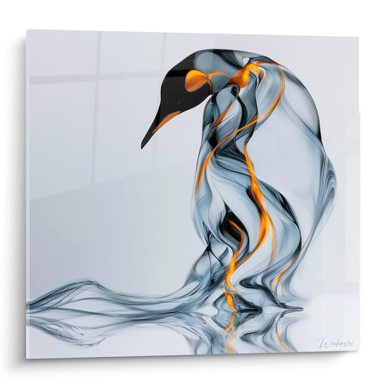Pingouin noir aux volutes orangées fluides sur fond blanc immaculé, silhouette fumante et lumineuse